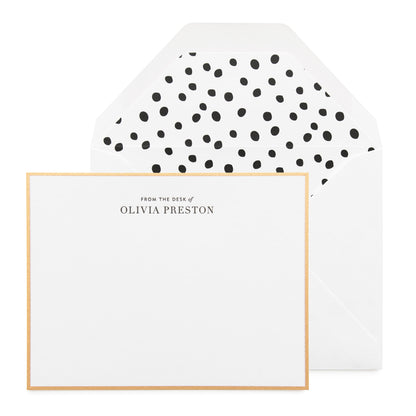 Black and white custom stationery printed with from the desk of, gold border and dalmatian dot liner