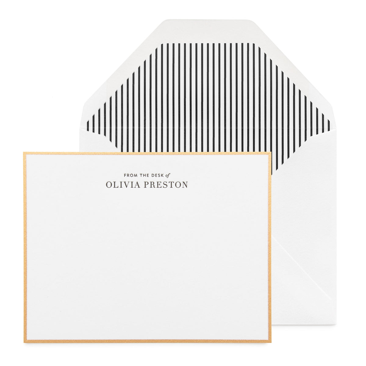 Black and white custom stationery with from the desk of printed, gold border and vertical stripe liner