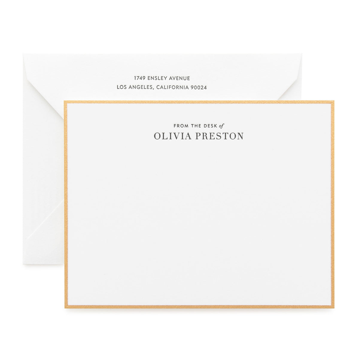 Black and white custom note card and envelope with gold painted border