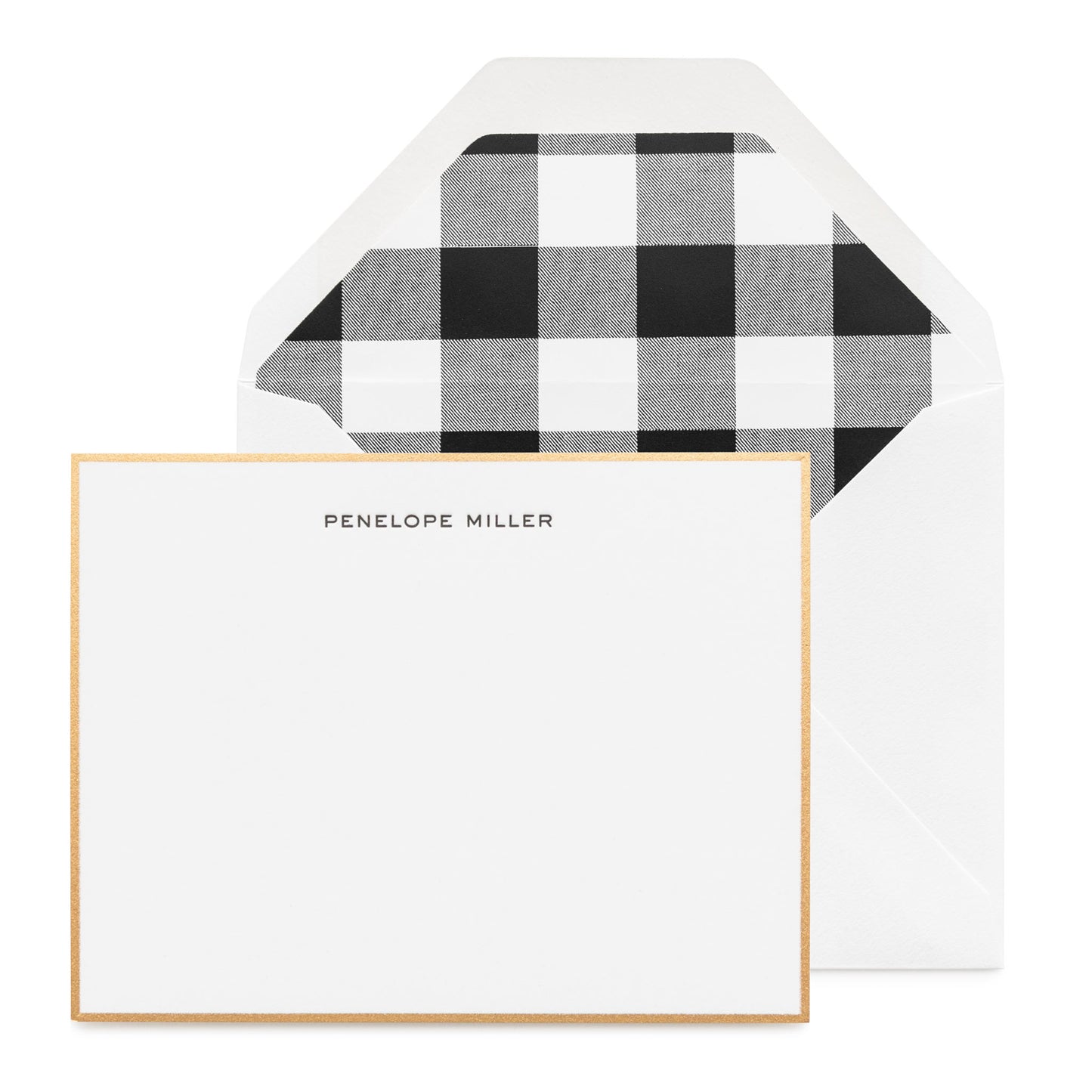 Black and white custom stationery with gold border and black check liner