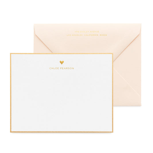 Gold Heart Custom Stationery with Pale Pink Envelope