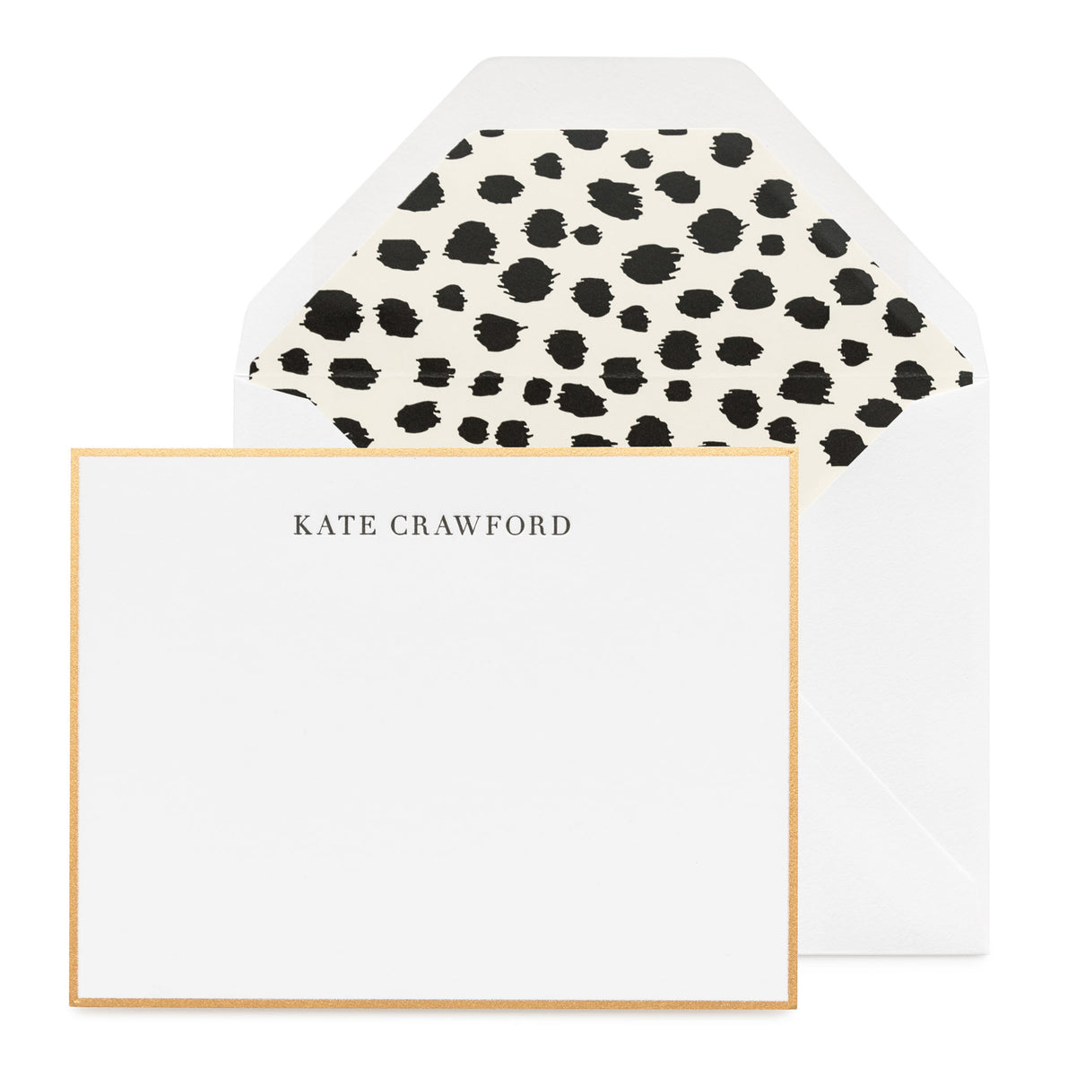Black and white custom stationery with gold border and leopard liner