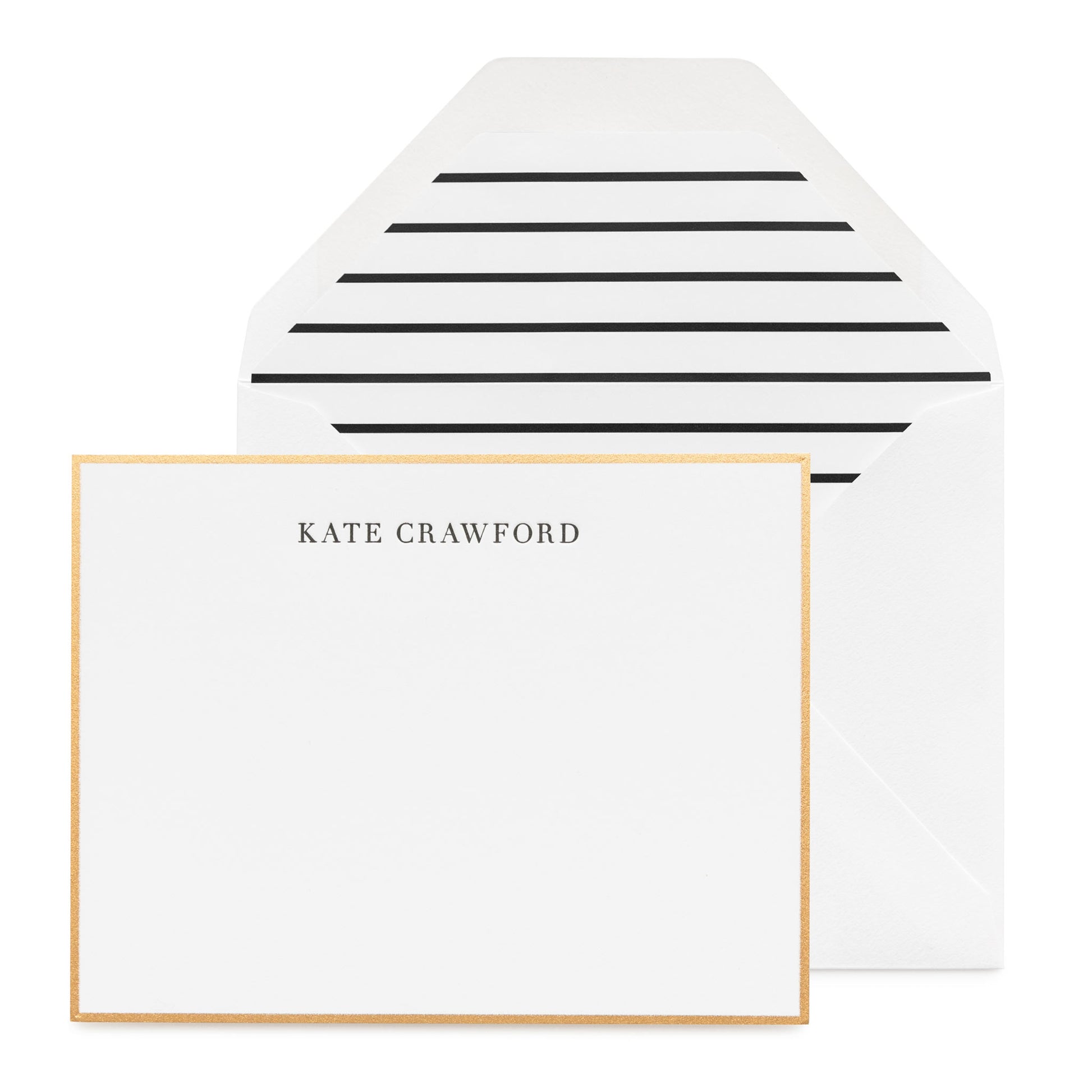 Black and white custom stationery with gold border and stripe liner