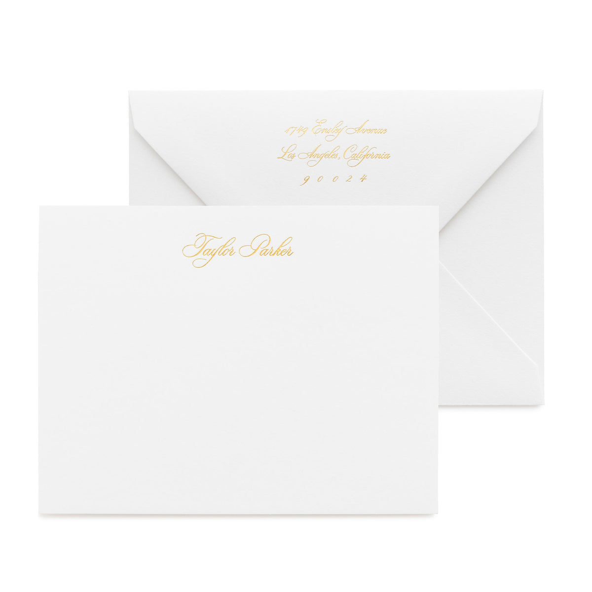 Gold foil script custom stationery with matching script return address