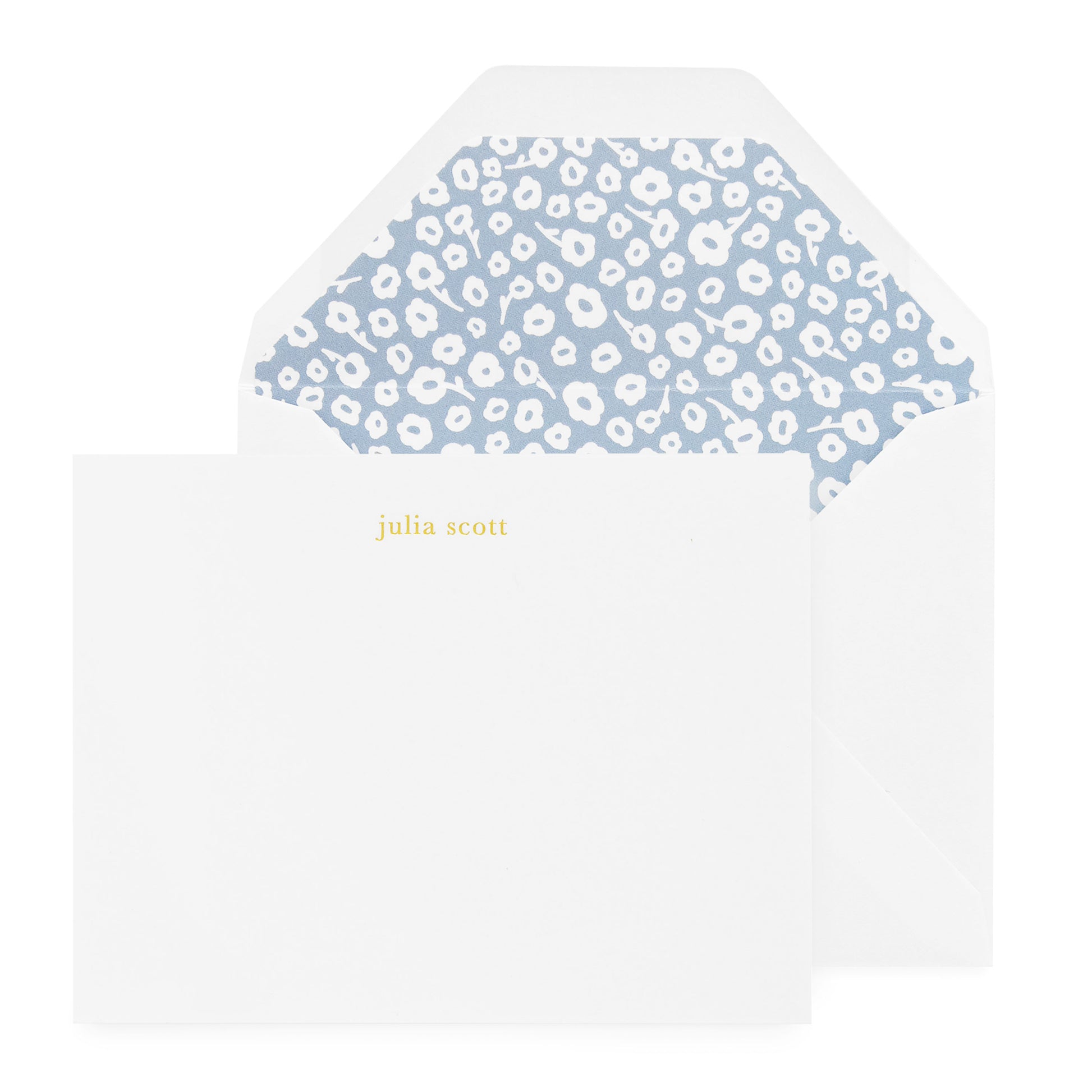 white card with gold foil text, white envelope with blue floral liner
