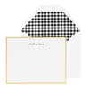 white card with gold border and black text, white envelope with small black buffalo check liner