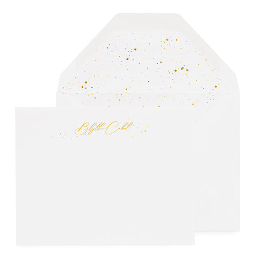 White stationery set with gold foil script name and gold splatter dot envelope liner