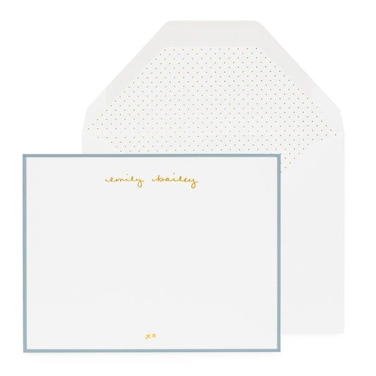 Personalized stationery with gold foil name and blue border