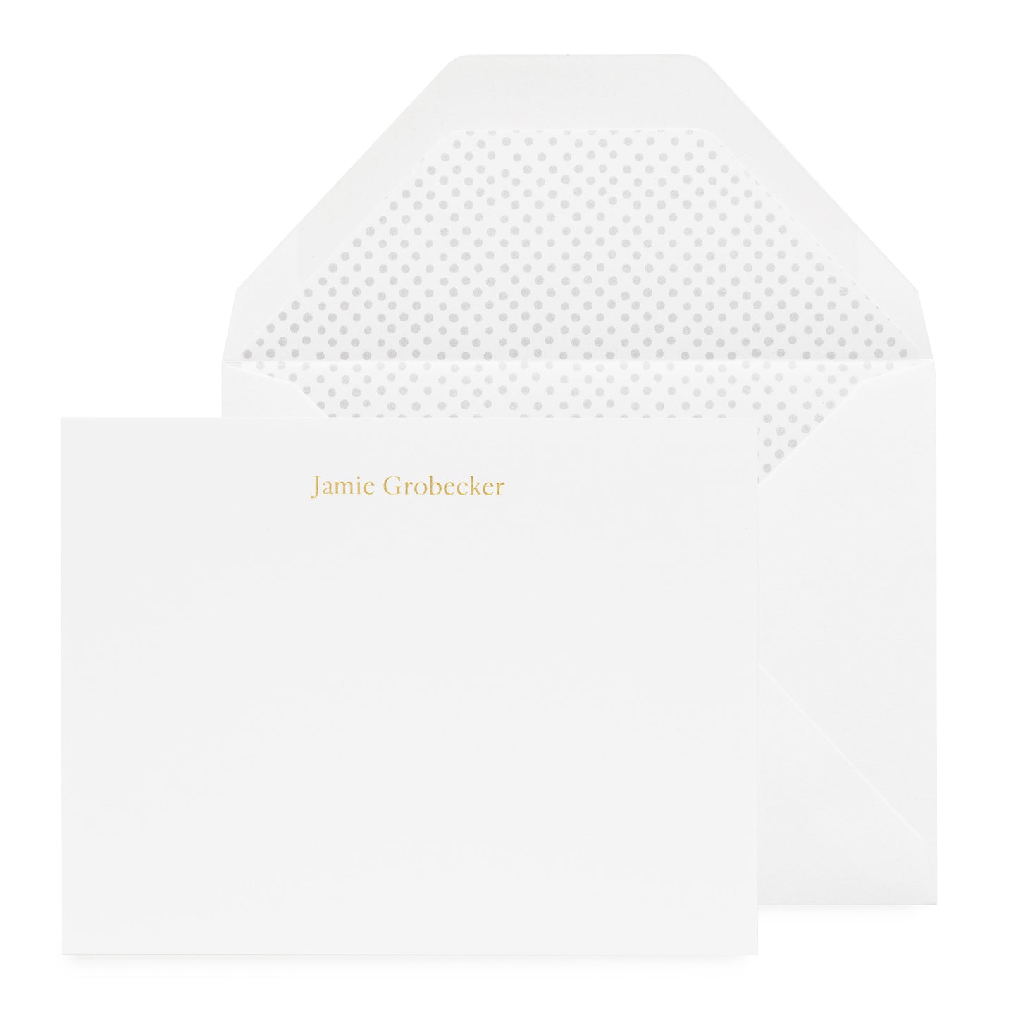 White and gold custom stationery with grey dot liner