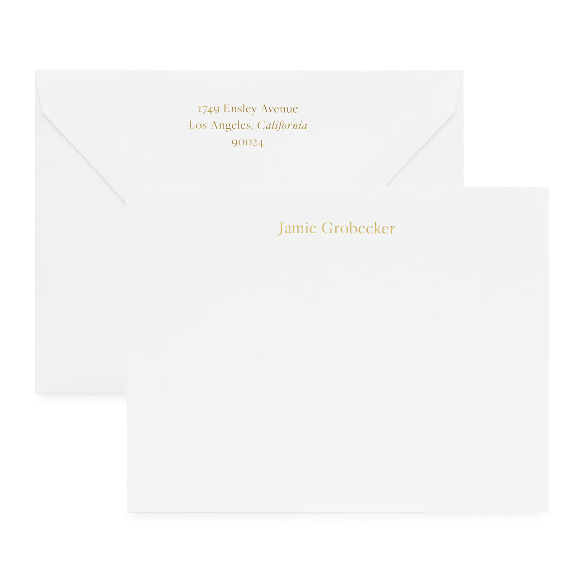 White and gold custom stationery with gold return address