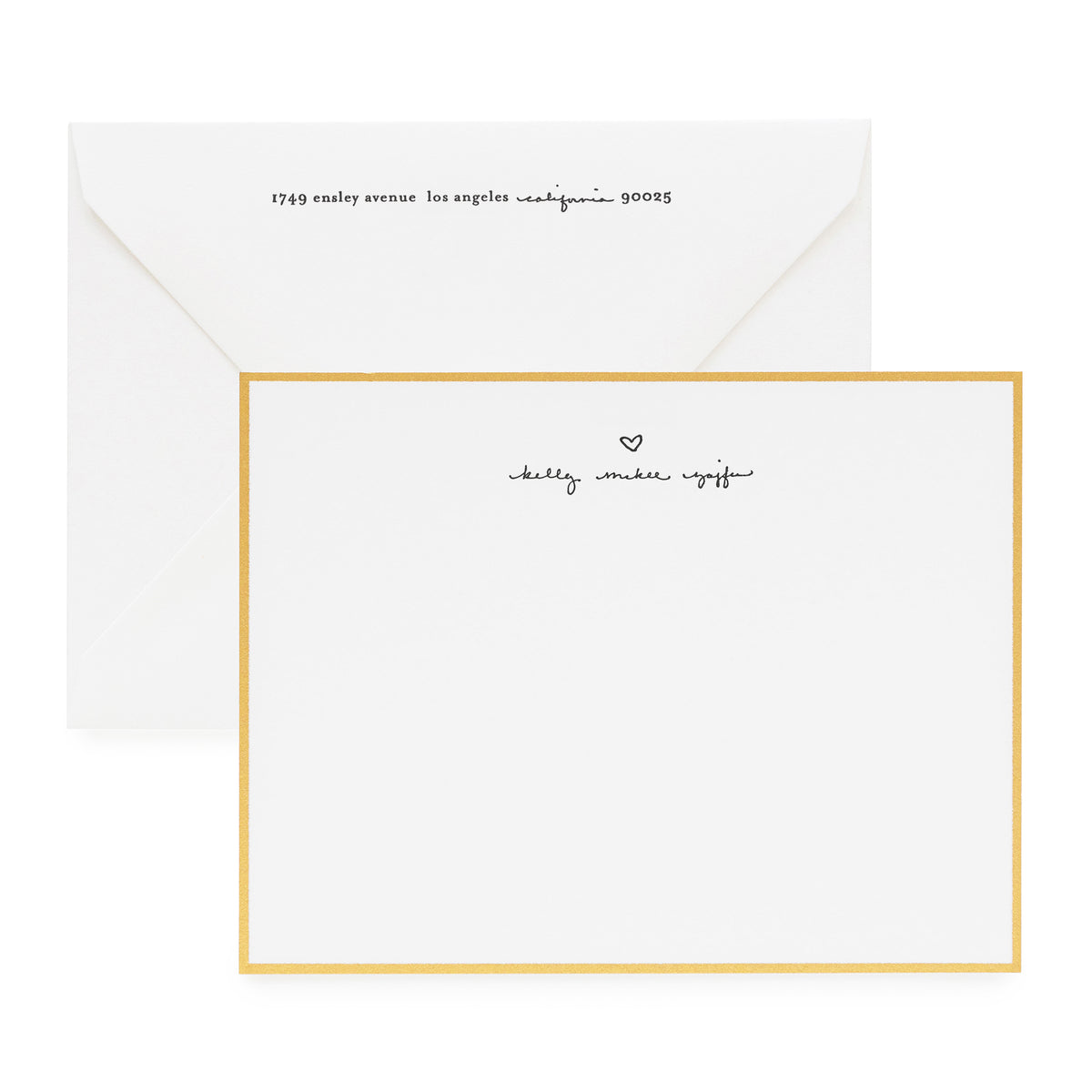 Gold bordered custom stationery with hand lettered name and heart with closed envelope