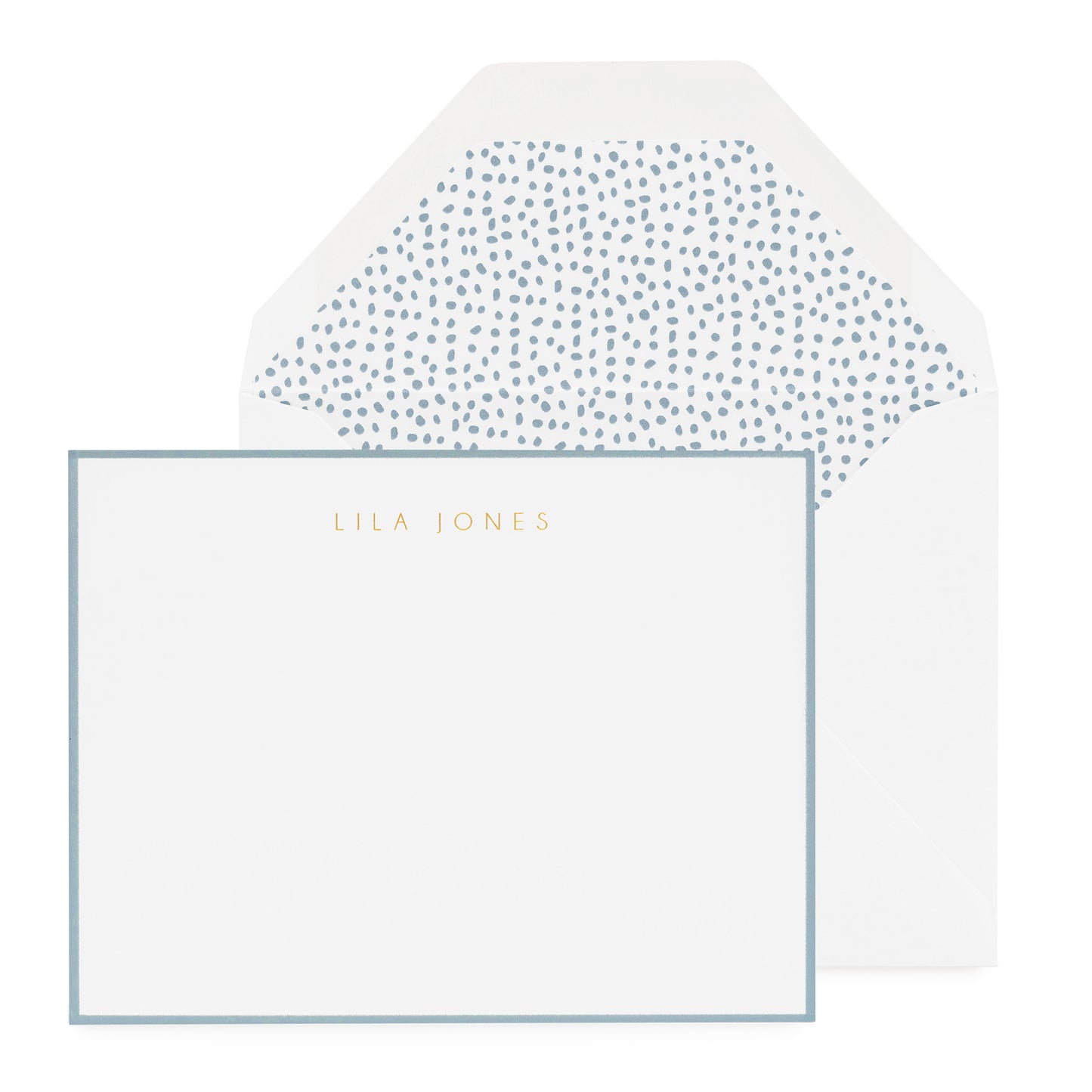 Slate blue personalized stationery with a speckled dot liner