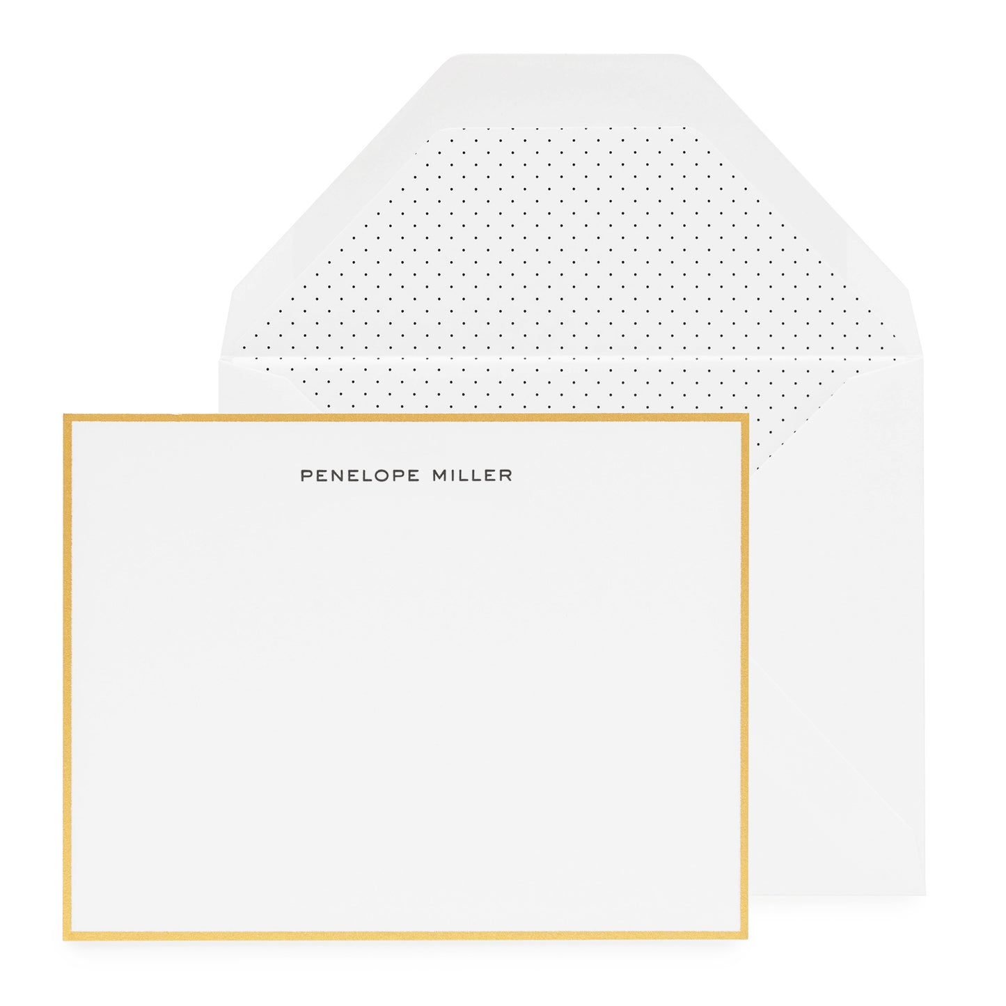 Black and white custom stationery with gold border and black pindot liner