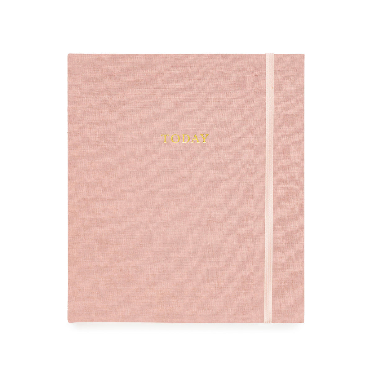 rose linen mindful journal with pale pink elastic band and gold foil today