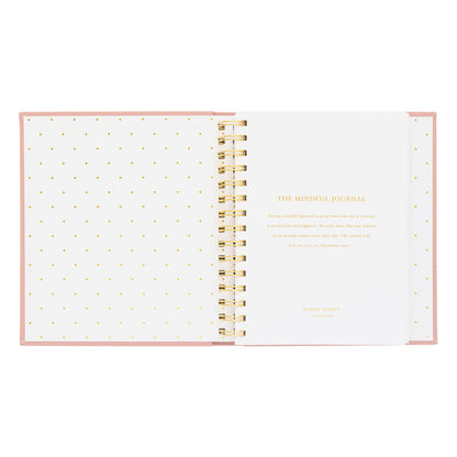 open mindful journal showing gold dot interior and cover page