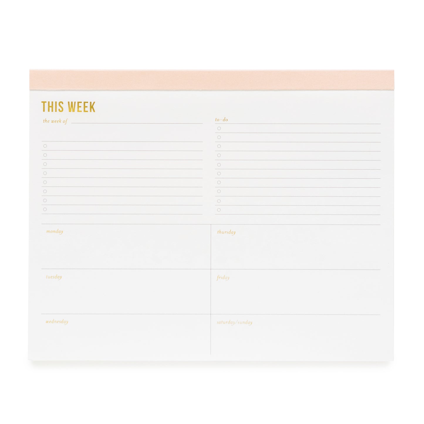 Large notepad with "This Week" with pale pink binding and gold foil details.