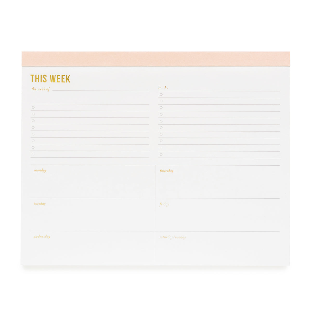 Large notepad with "This Week" with pale pink binding and gold foil details.