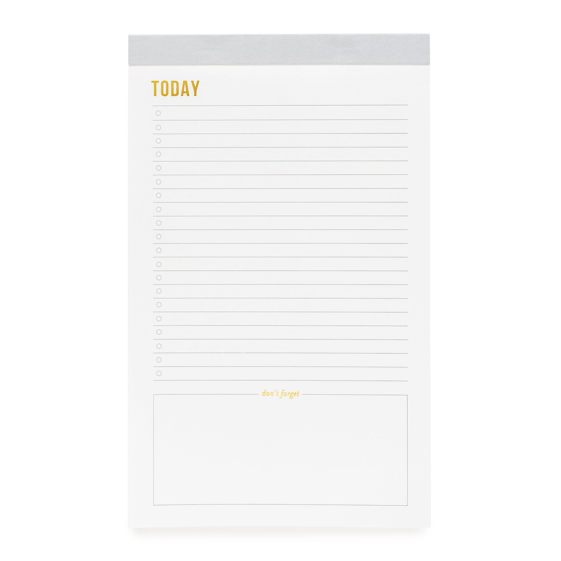 Today notepad with grey binding and gold foil details.