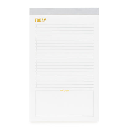 Today notepad with grey binding and gold foil details.
