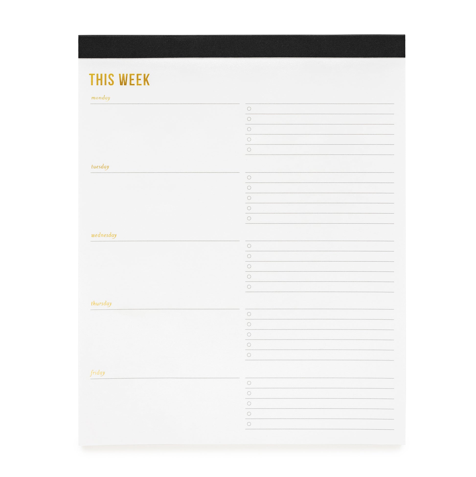 This Week notepad with black binding and gold foil details