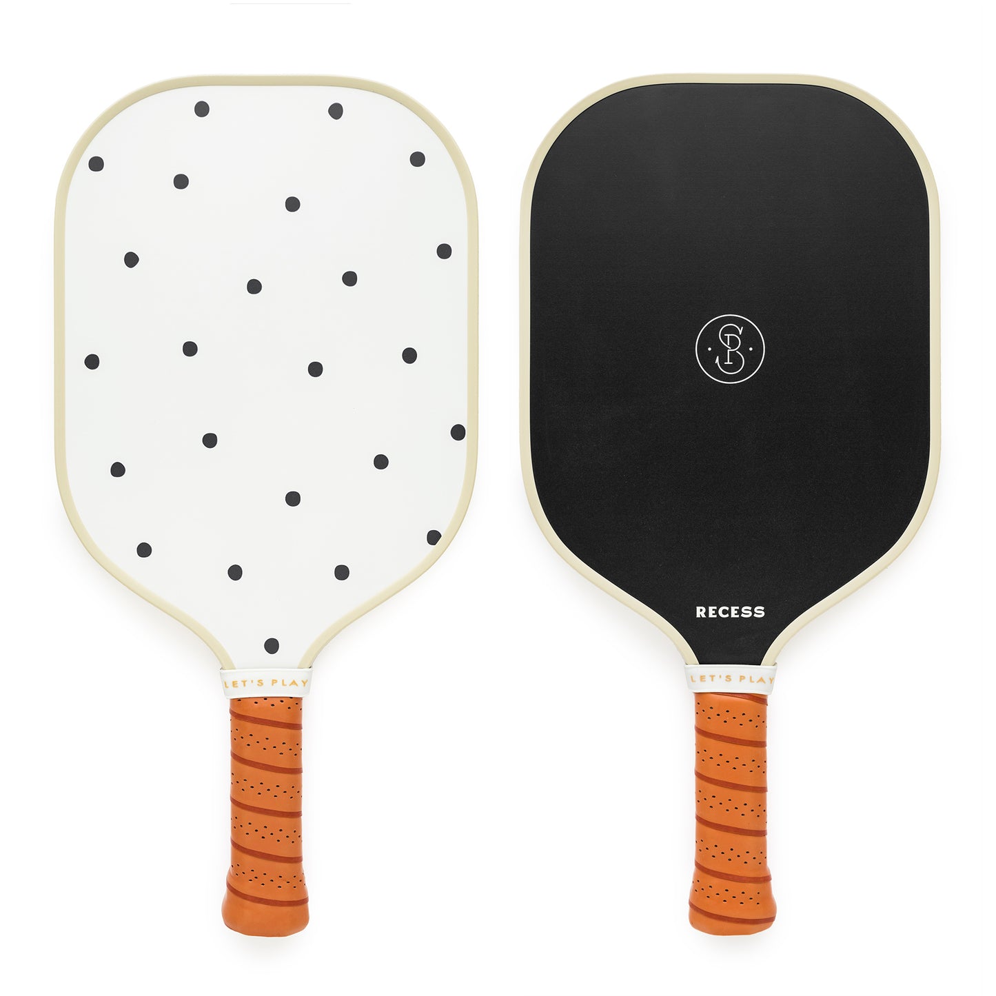 front and back view of black polka dot pickleball paddle