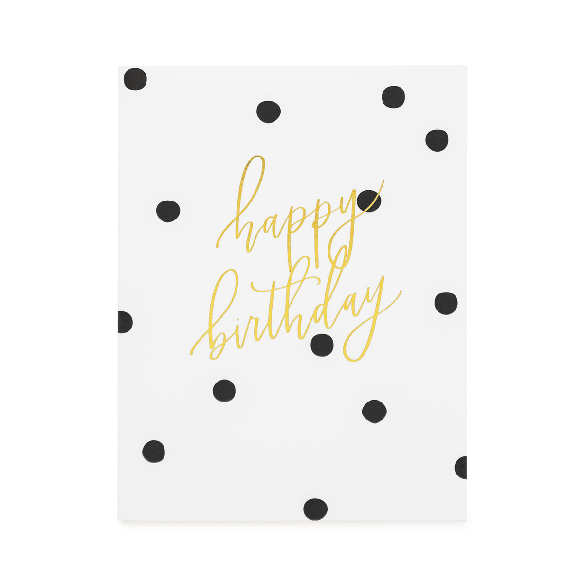 white card with black scattered dots and gold script happy birthday