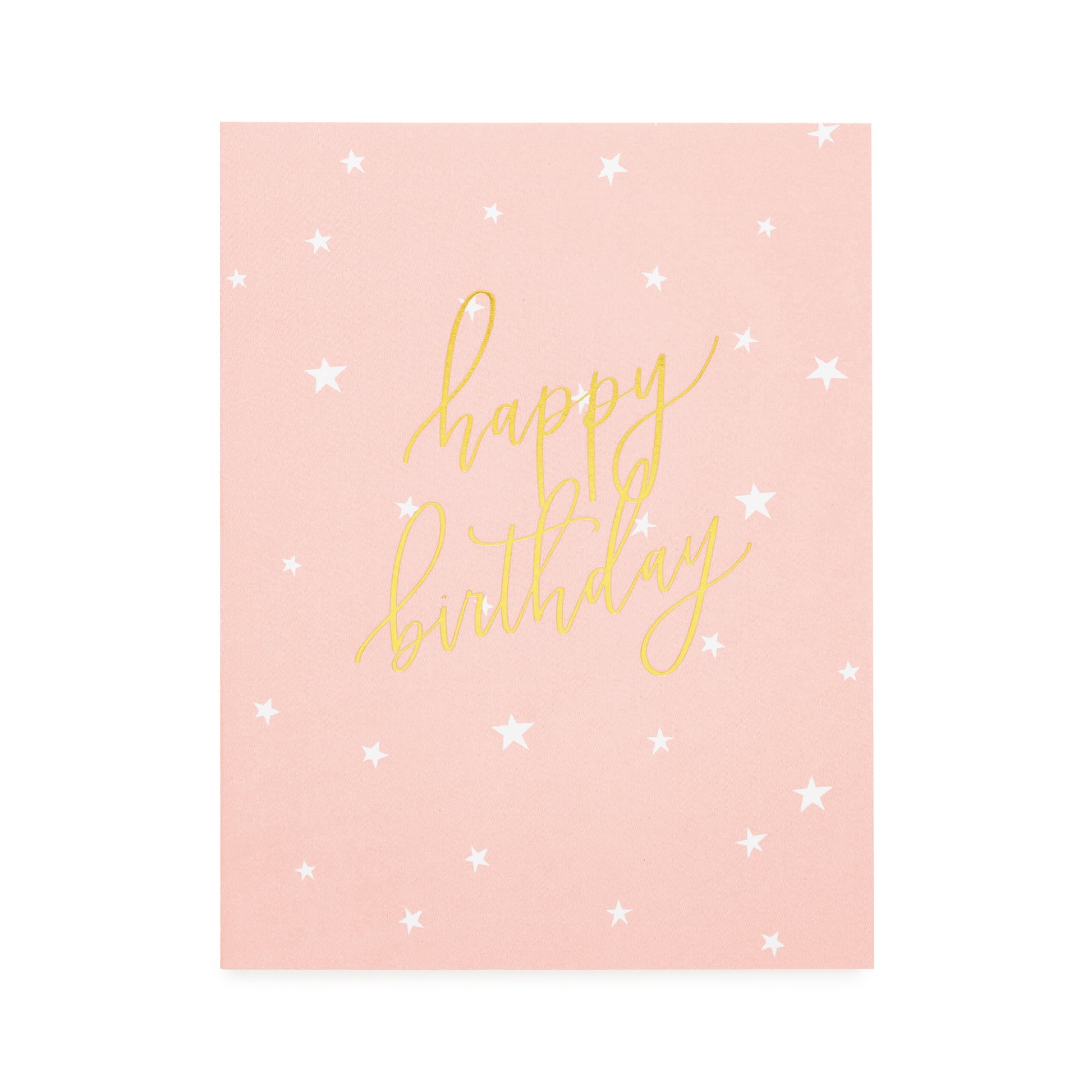rose pink card with white scattered stars and gold script happy birthday