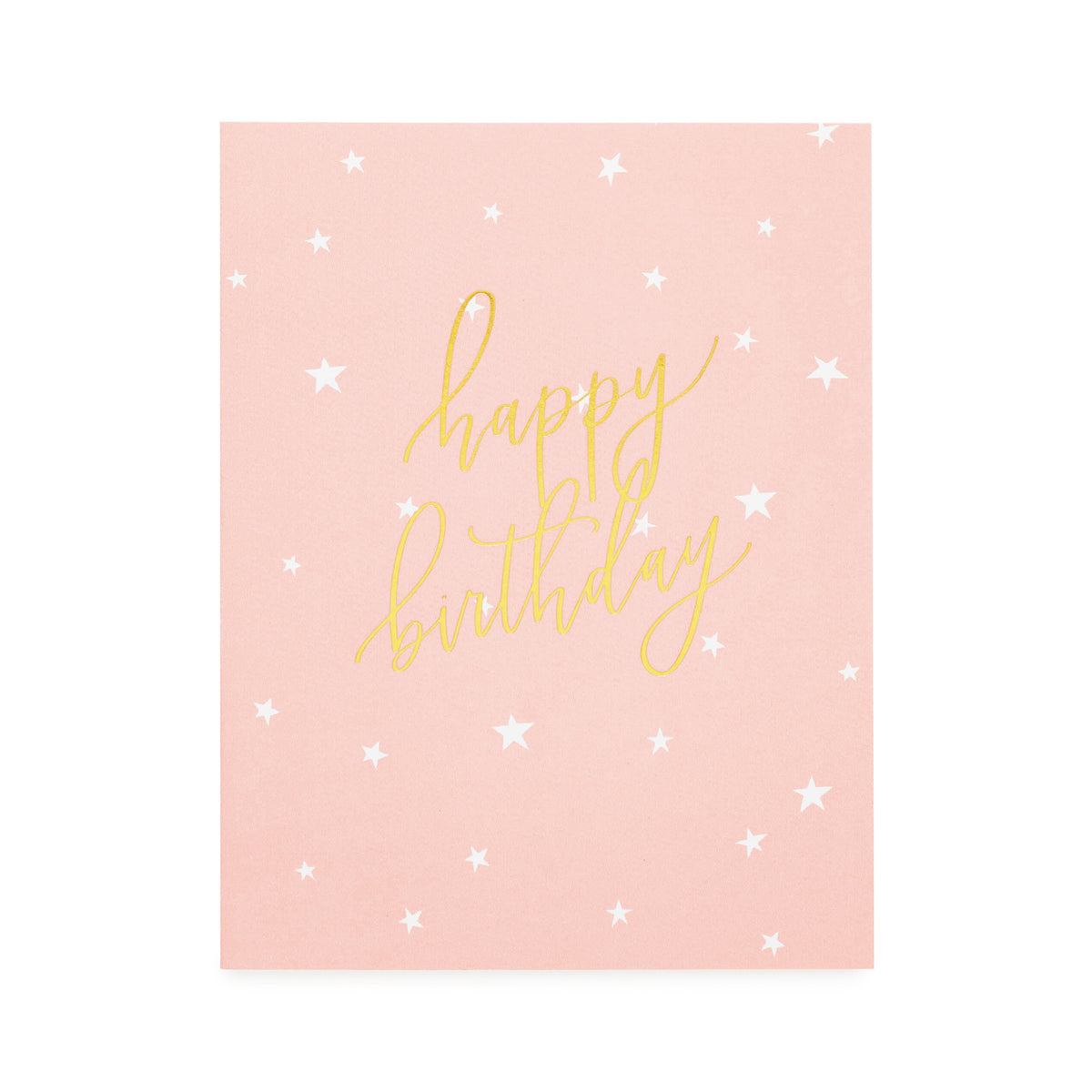 rose pink card with white scattered stars and gold script happy birthday