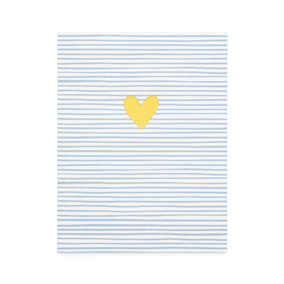 white card with blue ticking stripes and gold foil heart