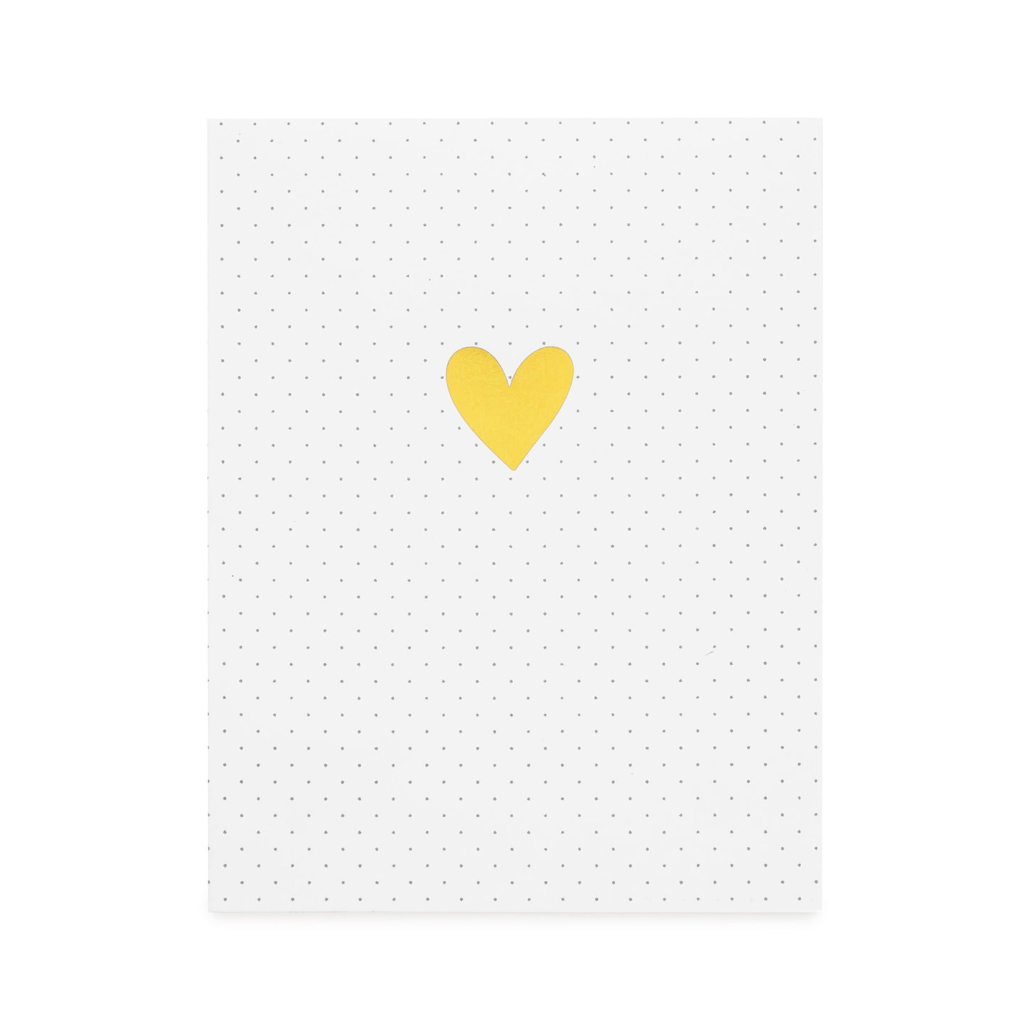 white card with black pindot print and gold foil heart