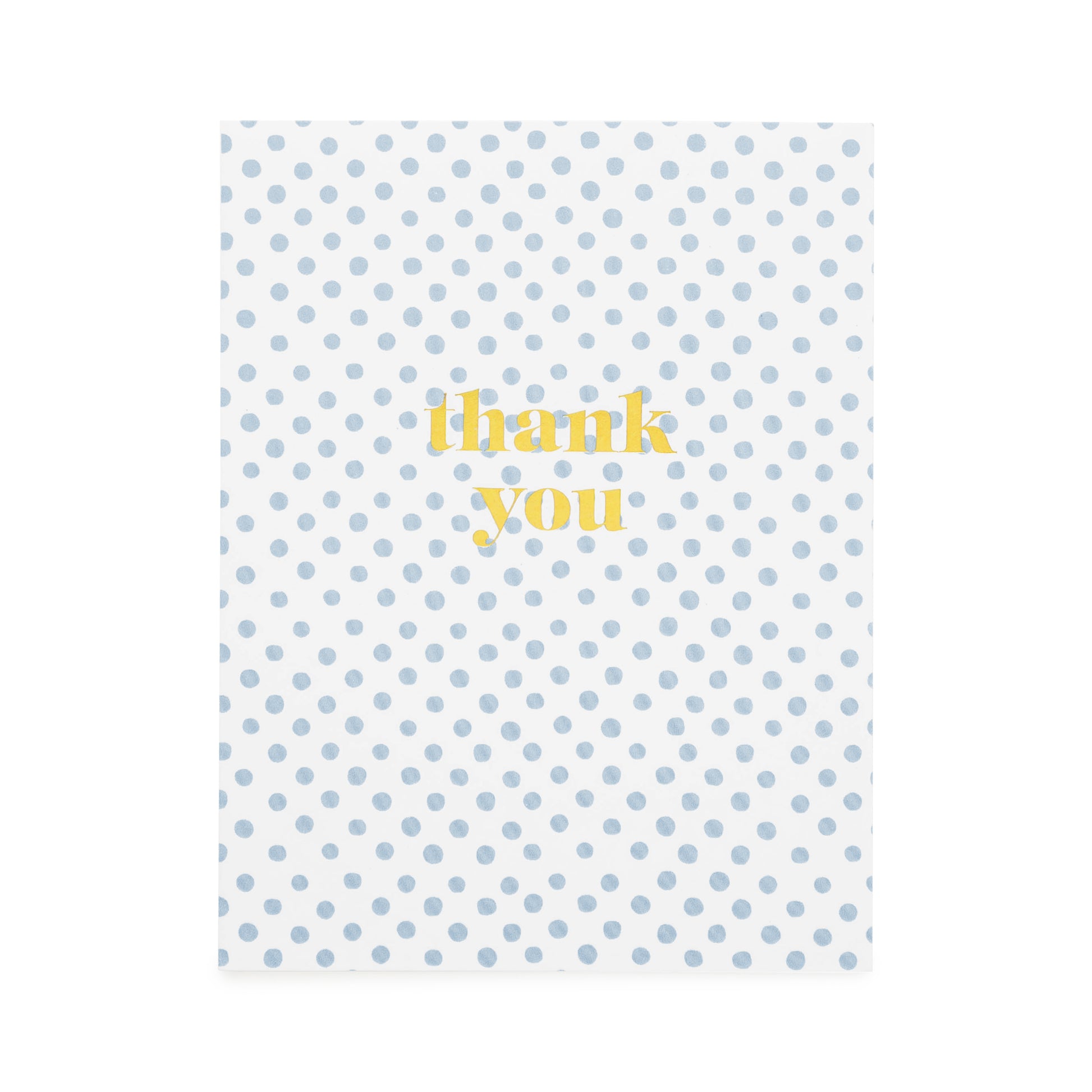white card with blue polka dots and gold foil thank you