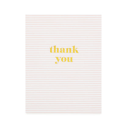 white card with thin rose stripes and gold foil thank you