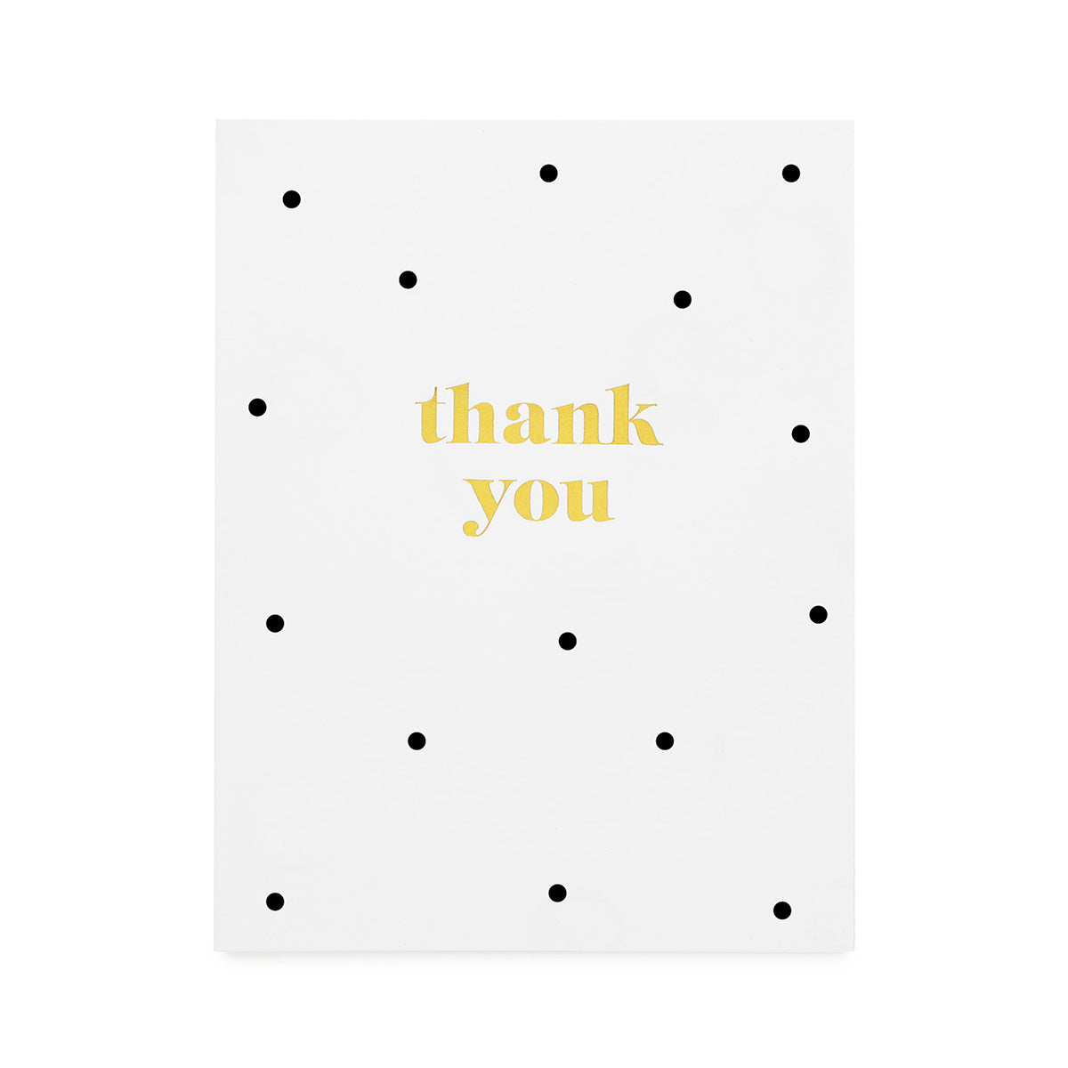 white thank you card with black dots and gold text