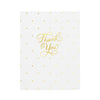 white thank you card with gold dots and gold script