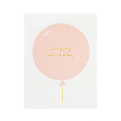 white birthday card with pink balloon and gold script