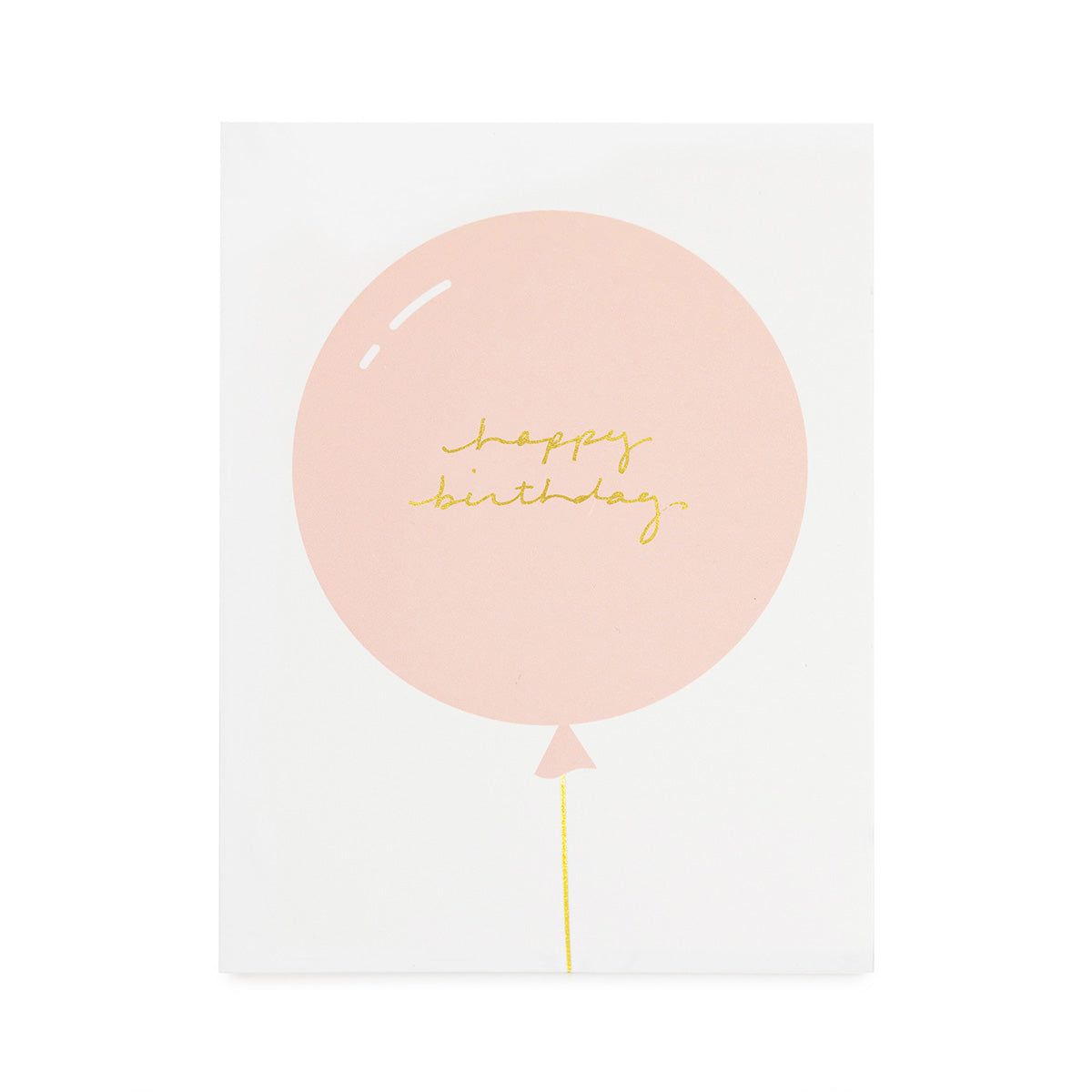 white birthday card with pink balloon and gold script