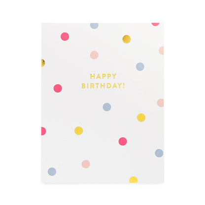 white birthday card with multicolor dots and gold text