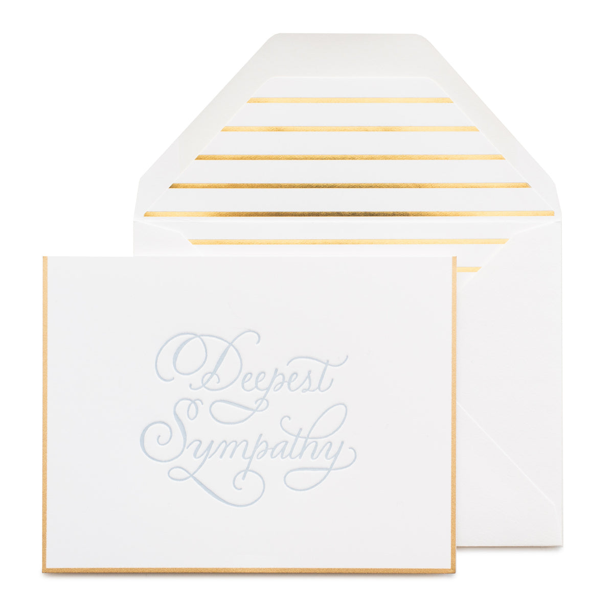 Gold bordered card printed with deepest sympathy in blue ink with a gold striped envelope