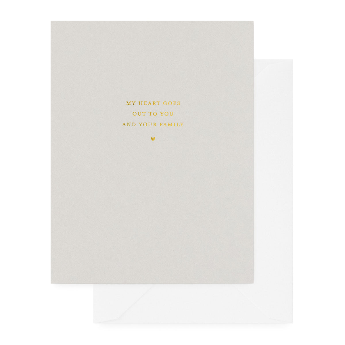 grey card with gold foil text, crisp white envelope