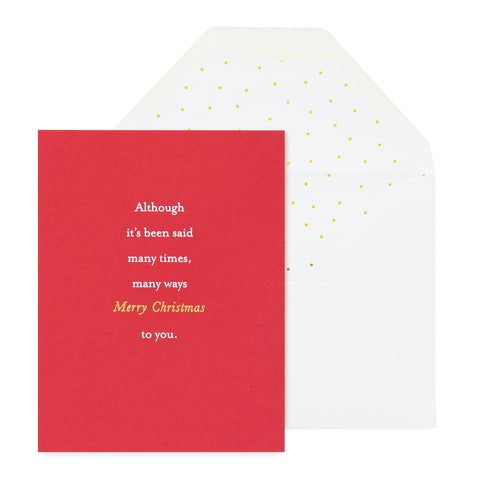red card with white and gold foil text, white envelope with gold scattered dot liner