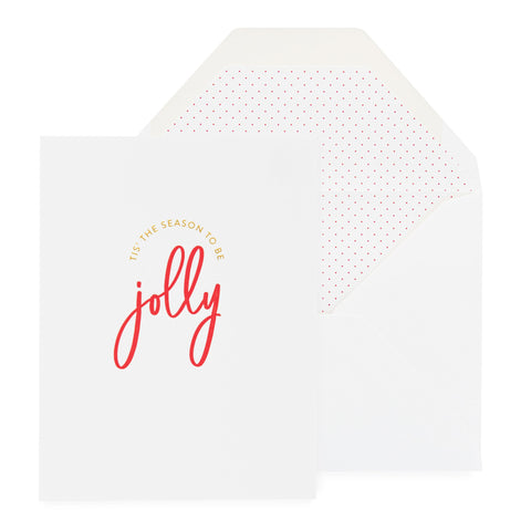 white card with red and gold text, white envelope with red pindot liner