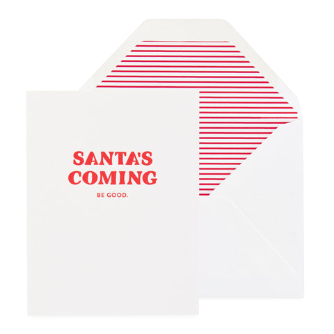 white cards with red text, white envelopes with red striped liner