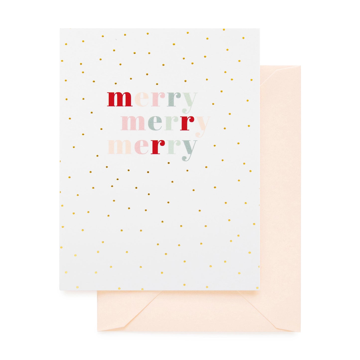 white card with multicolored and gold foil text, pale pink envelope