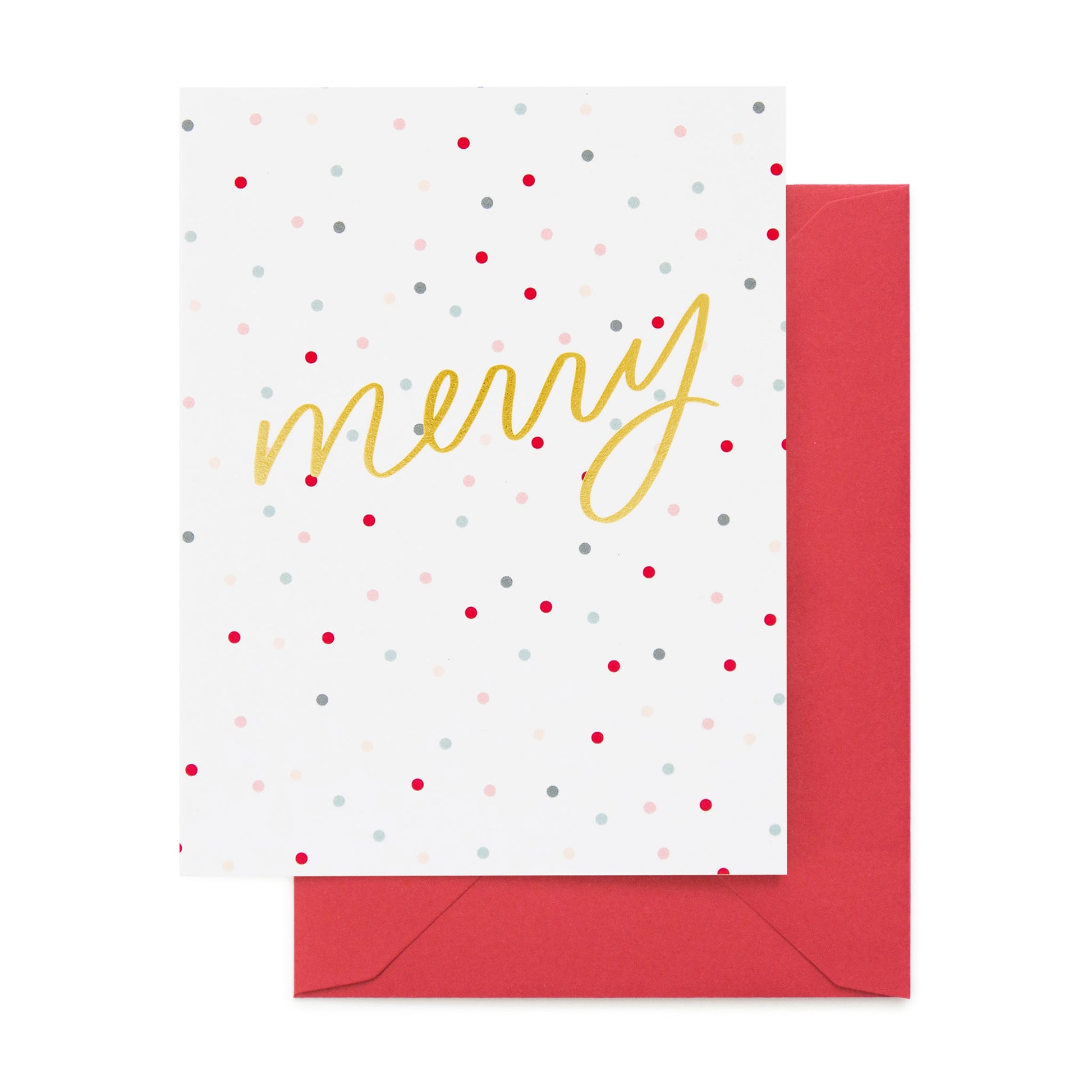white card with multicolored dots and gold foil text, red envelope