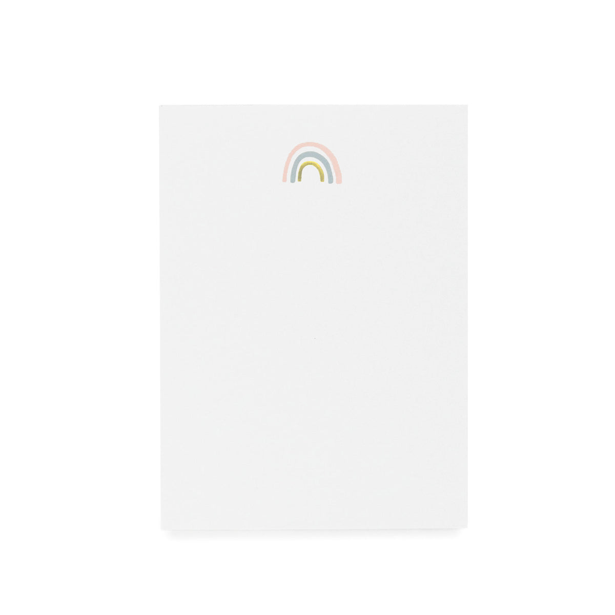 White notepad printed with pink blue and gold foil rainbow