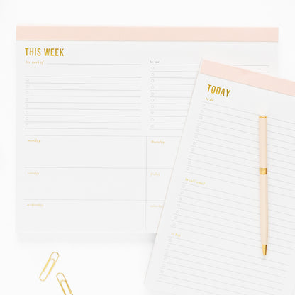 Stack of pale pink notepads - weekly and today.