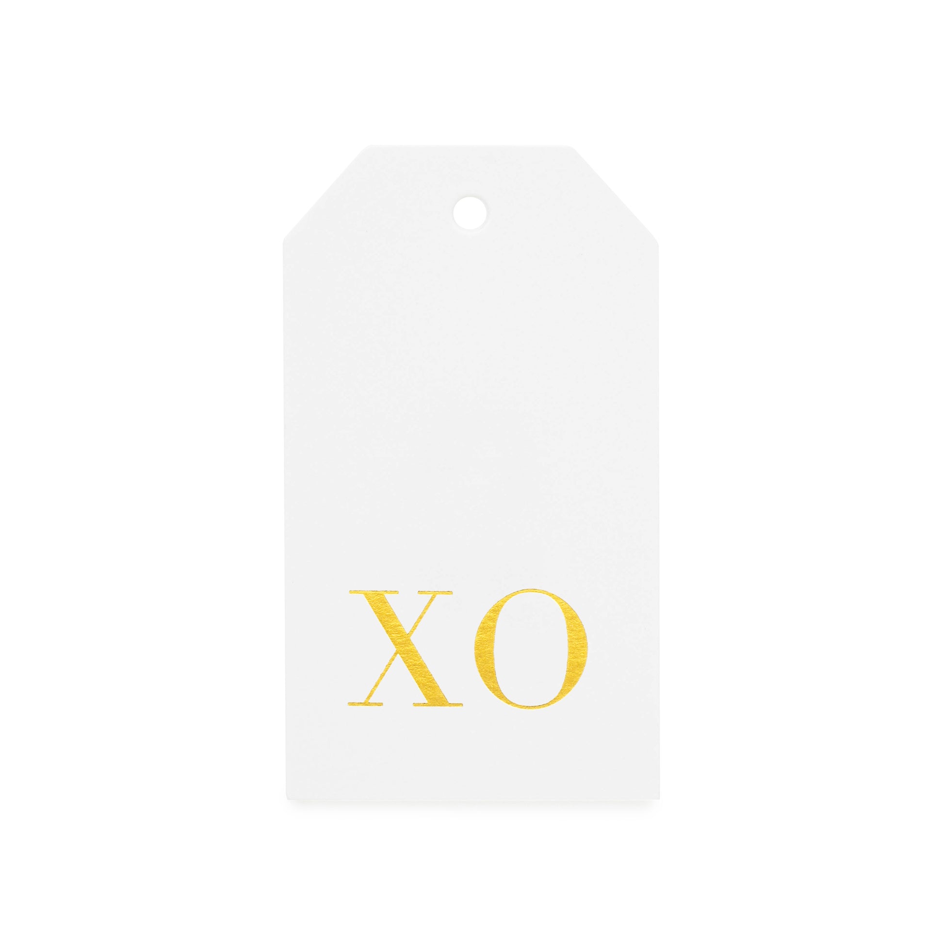 White tag with gold foil XO
