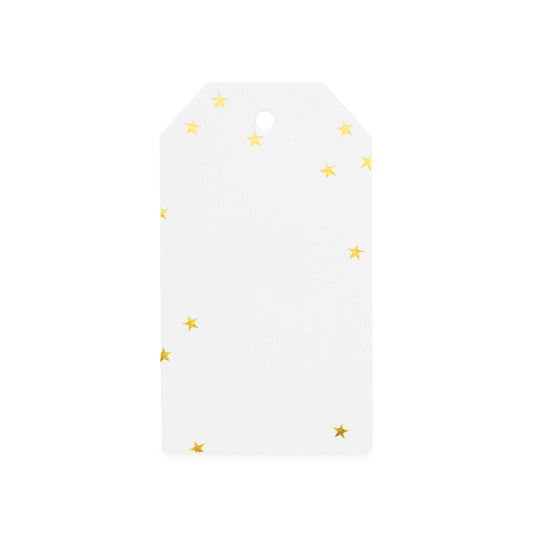 White tag with tiny gold foil stars