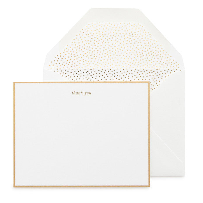 Gold Bordered Flat Note Card Set with gold thank you and gold scattered dot envelope liner.