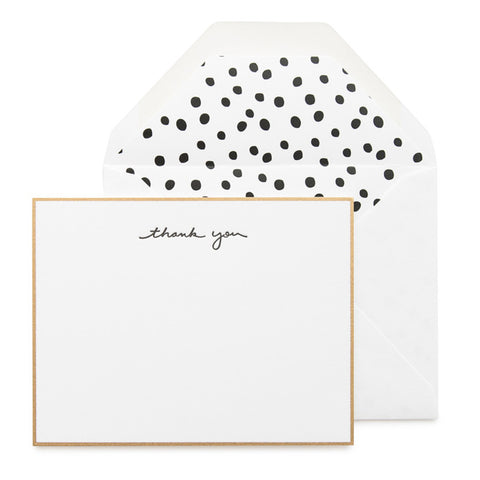 Gold Bordered Flat Note Card Set with black thank you and dalmation dot envelope liner.